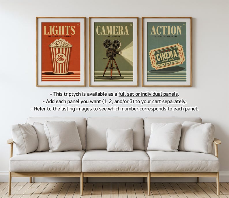 Cinema Wall Art Set of 3, Retro Movie Poster Triptych, Vintage Film Decor, Classic Theater Room Prints, Mid Century Home Theater Posters