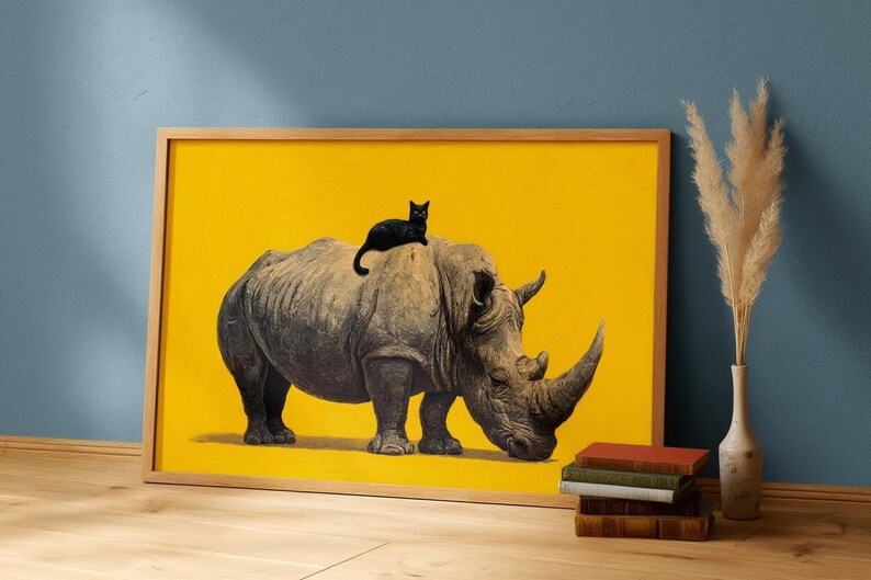 May include: A rectangular framed wall art print featuring a large grey rhinoceros standing on a solid bright yellow background with a small black cat sitting on its back. The frame is made of light-colored wood and is positioned on a wooden floor.
