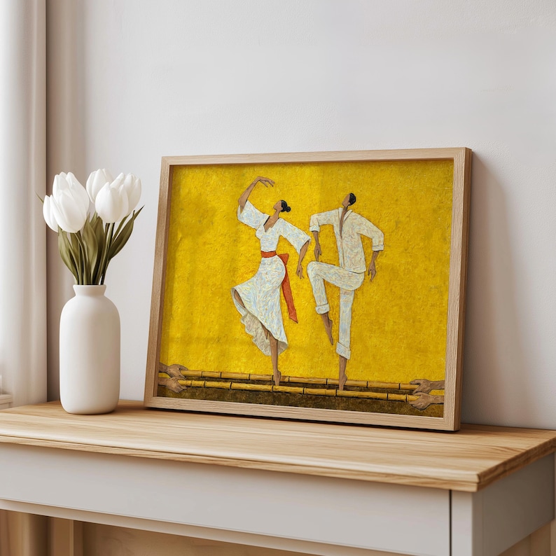 Vibrant yellow Filipino Tinikling Art Print on shelf, framed example with vase, colorful Filipino folk dance art