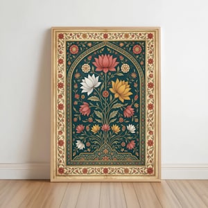 May include: A rectangular wall art print in a light wood frame featuring a dark teal background with a central arched panel. The design displays symmetrical floral motifs in shades of pink, white, and yellow, surrounded by a decorative border.