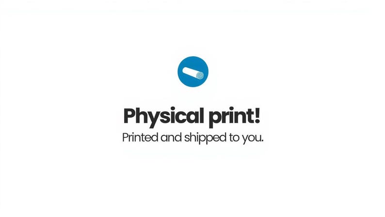 Pode incluir: Um &iacute;cone circular azul com um gr&aacute;fico branco de um rolo de papel. Abaixo do &iacute;cone, o texto diz Physical print! em letras pretas em negrito, seguido pelo texto preto menor Printed and shipped to you.