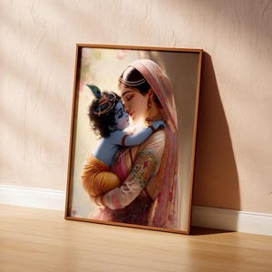 The image is a framed painting depicting a woman embracing a child, possibly a baby, with a serene expression.