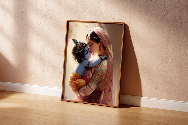 The image is a framed painting depicting a woman embracing a child, possibly a baby, with a serene expression.