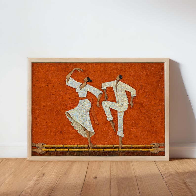Terracotta-orange Filipino Tinikling Art Print, framed and leaning, bold folk-art colors, graceful Filipina dancer and partner