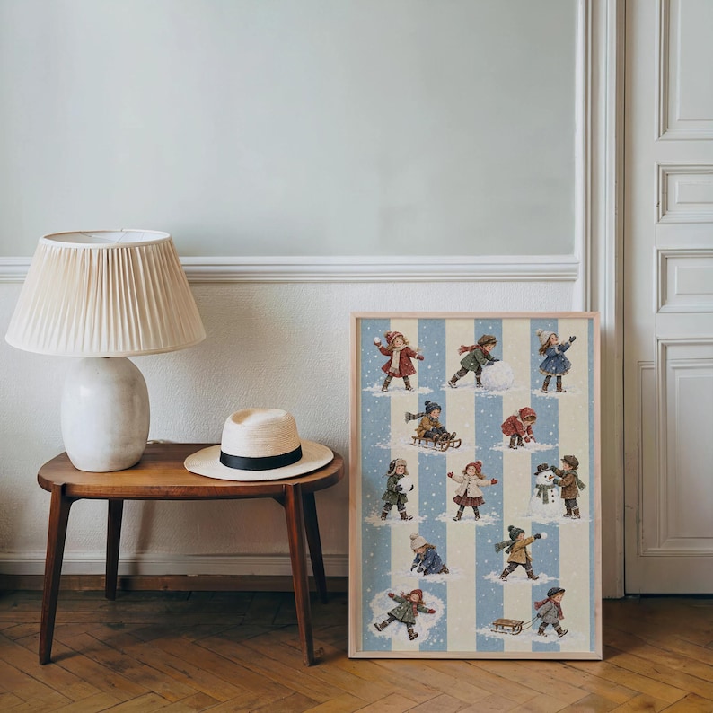 Vintage Winter Children Wall Art, Victorian Snow Day Print, Blue Stripe ...