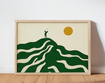 Impressão artística de golfe de meados do século XX, decoração de parede vintage abstrata com paisagem verde, pôster moderno e minimalista de golfista ao sol, presente retrô para amantes de esportes.