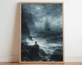 May include: A framed wall art print depicting a dark, moody seascape at night. A tall sailing ship floats on turbulent, dark blue waves under a full moon. A figure sits on a rocky cliff edge in the foreground, overlooking the ocean.