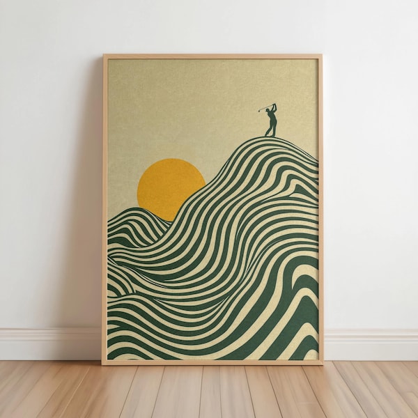 Retro Golf Wall Art, Wavy Hills Country Club Decor, Vintage Golfer Poster, Modern Woodblock Line Art Sports Print, Japandi Gift for Father
