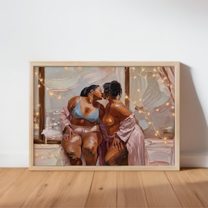 May include: An oil painting in a light wood frame depicting two figures kissing near a window. One figure wears a light blue bra and pink shorts, while the other wears a pink robe. String lights are draped across the scene with a city view.