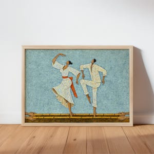 Framed Filipino Tinikling Art Print on hardwood floor, light blue textured background, dancers over bamboo poles