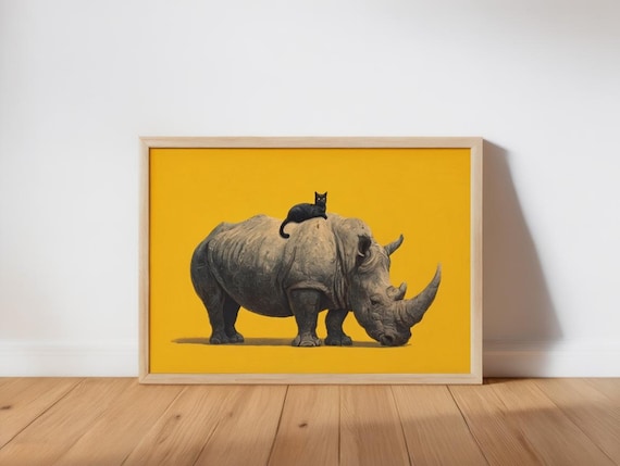 Rhino Wall Art, Black Cat Painting, Funny Rhinoceros Poster, Quirky Animal Print, Bold Yellow Decor, Whimsical Wildlife Graphics (DIGITAL)