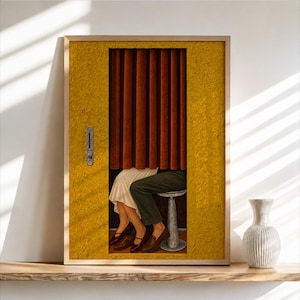 May include: A framed rectangular artwork featuring a textured mustard yellow border surrounding a central vertical opening. Inside, dark red curtains hang above a pair of legs wearing a cream skirt and dark green trousers, seated on a grey stool.