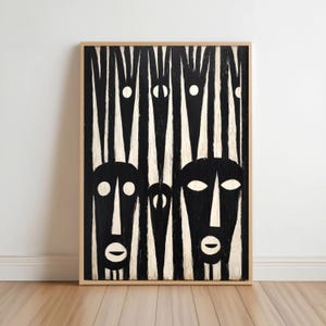 Abstract African Tribal Mask Wall Art, Primitive Afrocentric Ethnic Print, Afro Geometric Cubist Totem Face, Boho Mask Pattern (PRINTED)