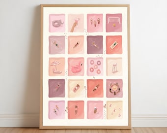 Quadro decorativo com estampa de nadador em tons de rosa pastel, estilo praiano moderno, tela esportiva com toque lúdico, decoração vintage para banheiro com piscina, pôster retrô para casa de verão.