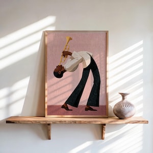 Jazz Trumpet Player Print, Retro African American Musician Wall Art, Afrocentric Mid Century Modern Decor, Moody Black Culture Painting