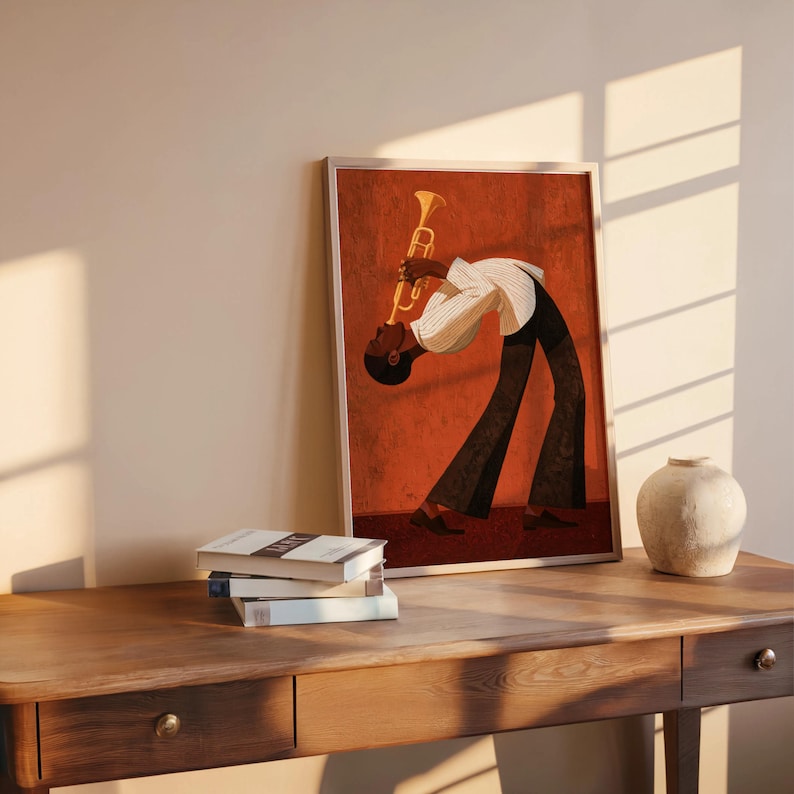 Jazz Trumpet Player Print, Retro African American Musician Wall Art, Afrocentric Mid Century Modern Decor, Moody Black Culture Painting