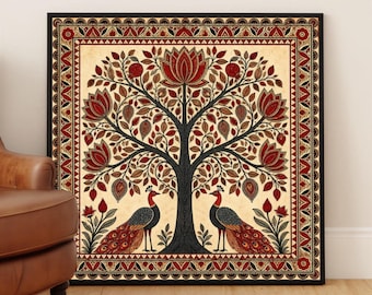 May include: Framed artwork featuring a stylized tree with red flowers and leaves, and two peacocks at the base. The artwork has a cream background with a red and black border. The tree's trunk and branches are black.