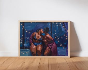 Black Sapphic Art Print - Plus Size WLW, Curvy Lesbians Painting - Queer Afrocentric Poster (PRINTED)
