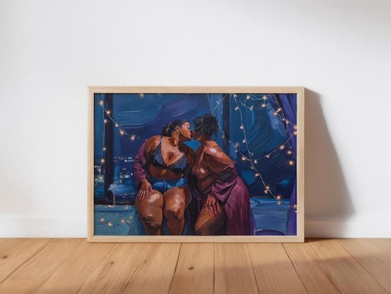 Black Sapphic Art Print - Plus Size WLW, Curvy Lesbians Painting - Queer Afrocentric Poster (PRINTED)