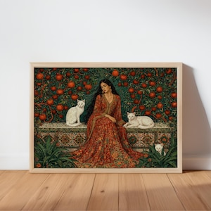 May include: A framed wall art print depicting a person with long dark hair wearing a red patterned dress, seated on a stone bench amidst an orange tree orchard. Two white cats sit on the bench, and a third cat is visible among green foliage.
