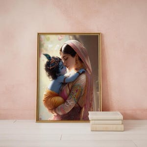A framed painting of a woman embracing a child, likely a depiction of the Hindu deity Radha, is displayed on a pink wall.