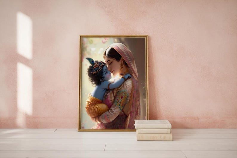 A framed painting of a woman embracing a child, likely a depiction of the Hindu deity Radha, is displayed on a pink wall.