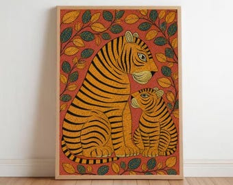 May include: A framed art print depicting a tiger and cub. The tigers are orange with black stripes, set against a red background with leaf accents. The artwork is in a folk art style.