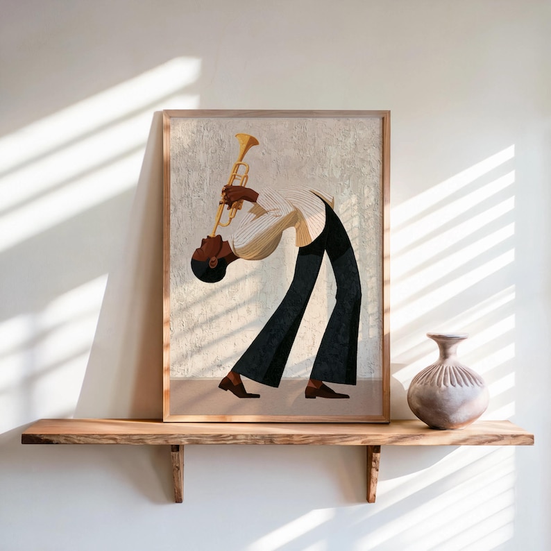 Jazz Trumpet Player Print, Retro African American Musician Wall Art, Afrocentric Mid Century Modern Decor, Moody Black Culture Painting
