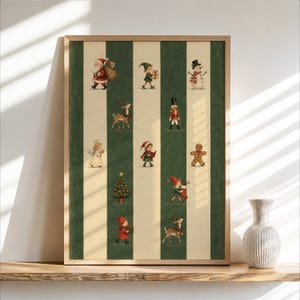 Peut inclure: Une affiche murale rectangulaire à rayures verticales crème et vert foncé. Le motif présente de petites illustrations de style vintage de personnages de Noël, dont le Père Noël, un elfe, un bonhomme de neige, un renne, un casse-noisette, un ange, un bonhomme en pain d'épice et un sapin décoré.