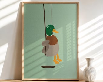 Niedliches Enten-Poster mit Schaukelmotiv, minimalistisches Vogel-Motiv, verspielte Tierkunst, Kinderzimmer-Deko, Geschenkidee für Naturliebhaber