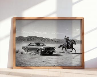 Cowboy & Horse VS Classic Car Print, Vintage Texas Black and White Photo, Western Country Old Poster, Mid Century Retro Americana Wall Art