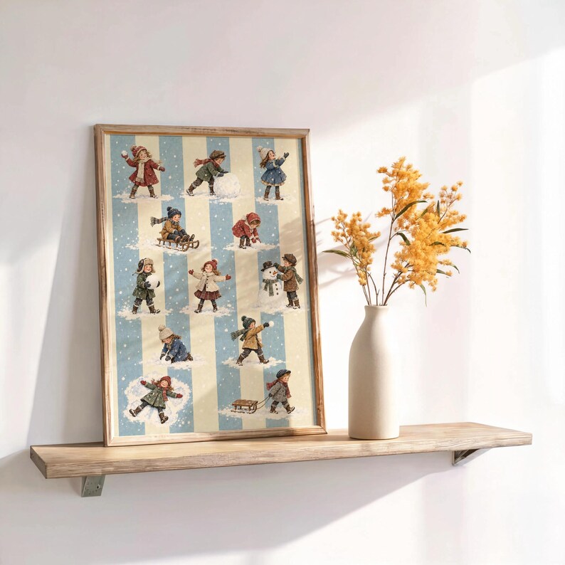 Vintage Winter Children Wall Art, Victorian Snow Day Print, Blue Stripe ...