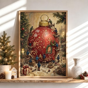 May include: A framed wall art print depicting a large red Christmas ornament being decorated by many small figures on ladders. The ornament features gold filigree patterns, a small arched window, and a golden cap. The scene is set in a snowy forest.