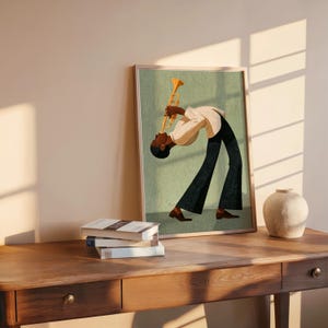 Jazz Trumpet Player Print, Retro African American Musician Wall Art, Afrocentric Mid Century Modern Decor, Moody Black Culture Painting