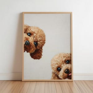 Pode incluir: Uma impressão de arte emoldurada com uma pintura a óleo de dois cães de pelo encaracolado castanho-claro. Um cão está posicionado no canto superior esquerdo a olhar para baixo, enquanto o segundo está no canto inferior direito, sobre um fundo liso.
