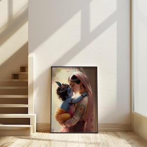 a woman embracing a child, with the child appearing to be a baby. The woman is wearing a pink and gold dress, and the child is wearing a blue and white outfit. The scene is set against a white wall, with a staircase visible in the background.