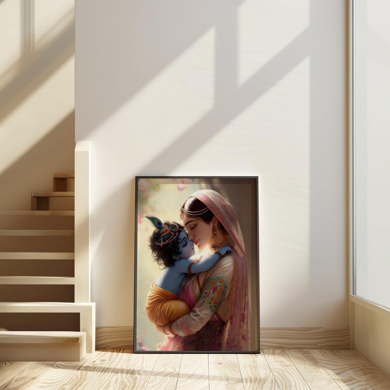 a woman embracing a child, with the child appearing to be a baby. The woman is wearing a pink and gold dress, and the child is wearing a blue and white outfit. The scene is set against a white wall, with a staircase visible in the background.