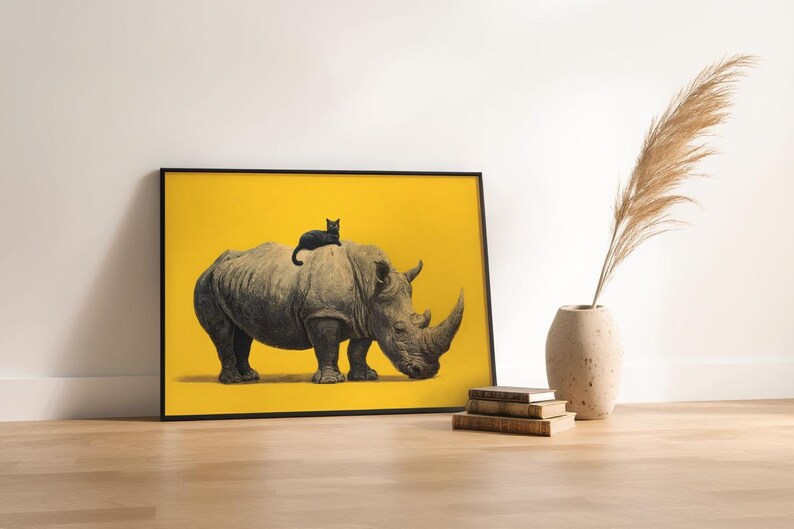 May include: A framed rectangular wall art print featuring a detailed illustration of a large gray rhinoceros standing in profile against a solid bright yellow background, with a small black cat resting on the back of the rhinoceros.