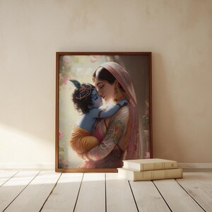 A framed painting of a woman embracing a child, likely depicting a mother and child, is displayed on a wall in a room with a wooden floor.