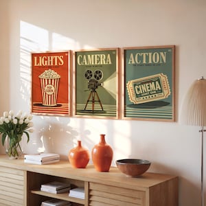 Cinema Wall Art Set of 3, Retro Movie Poster Triptych, Vintage Film Decor, Classic Theater Room Prints, Mid Century Home Theater Posters