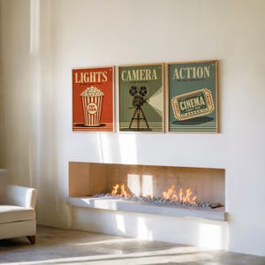 Cinema Wall Art Set of 3, Retro Movie Poster Triptych, Vintage Film Decor, Classic Theater Room Prints, Mid Century Home Theater Posters