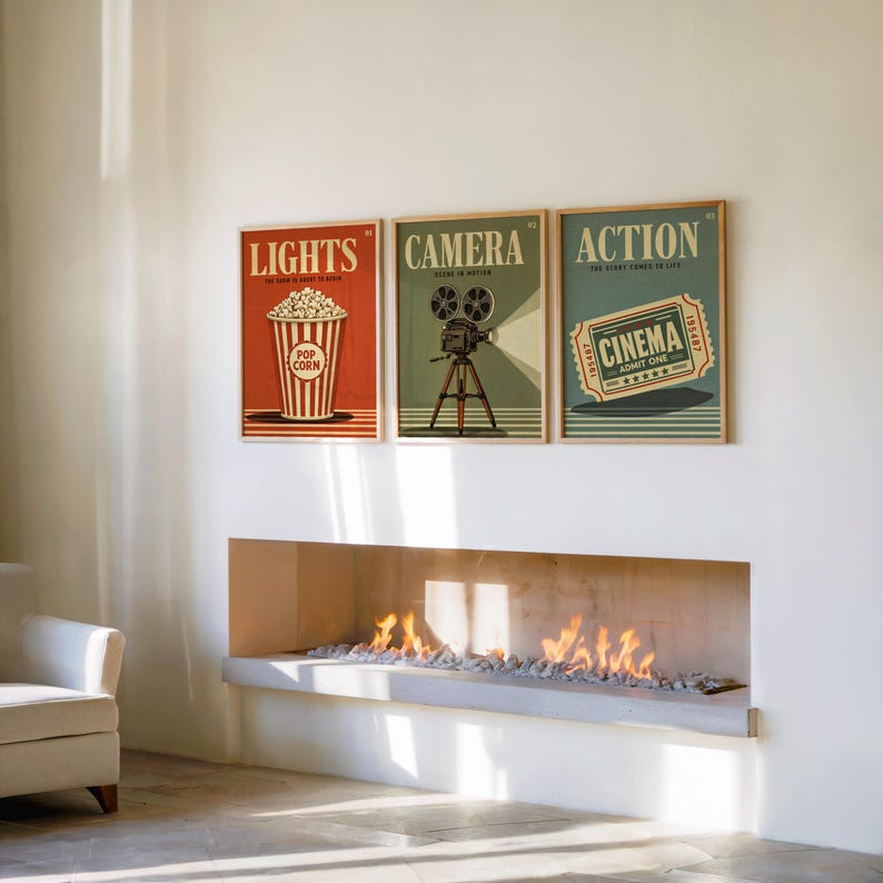 Cinema Wall Art Set of 3, Retro Movie Poster Triptych, Vintage Film Decor, Classic Theater Room Prints, Mid Century Home Theater Posters