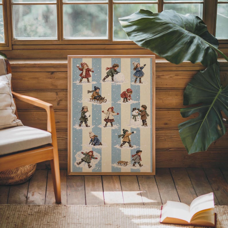 Vintage Winter Children Wall Art, Victorian Snow Day Print, Blue Stripe ...