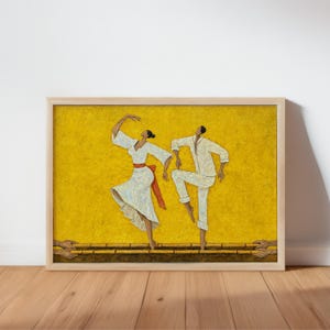 Golden yellow background Filipino Tinikling Art Print, framed, energetic dancing couple stepping over bamboo poles