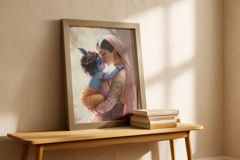 a framed painting of a woman embracing a child, with the child wearing a crown. The painting is displayed on a wooden table, and there are some books stacked nearby.