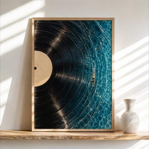 Väggkonst på vinylskivor, surrealistisk simmareposter, blå pooltryck