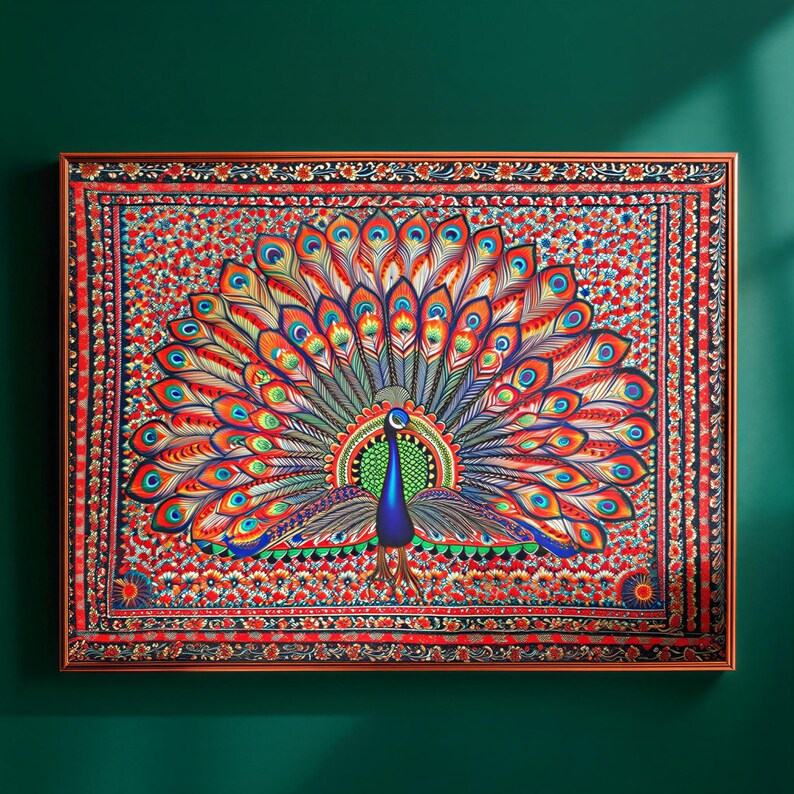 Madhubani Peacock Indian Painting Print | Vibrant Mandala Folk Wall Art ...