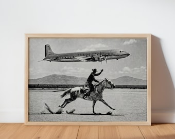 Vintage Cowboy Print, American Airlines Wall Art, 1950s Airplane Photo Poster, Black and White Western Decor, Mid Century Horseback Canvas