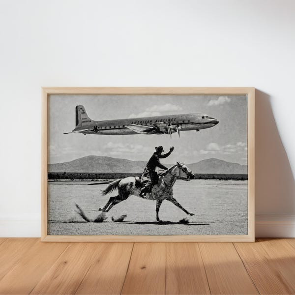 Vintage Cowboy Print, American Airlines Wall Art, 1950s Airplane Photo Poster, Black and White Western Decor, Mid Century Horseback Canvas