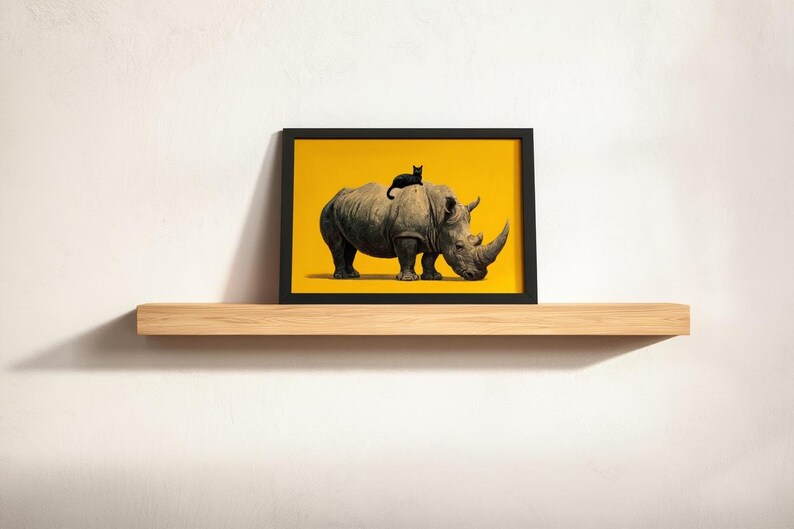 May include: A rectangular black picture frame containing a print of a grey rhinoceros standing on a solid yellow background with a small black cat resting on its back. The framed artwork is displayed on a light-colored wooden floating shelf.